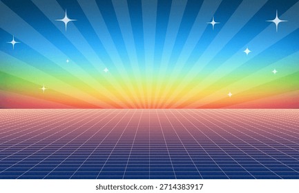 Ilustración de red de estructura de alambre Synthwave. Fondo digital Abstractas. 80s, 90s futurismo retro, rejilla cibernética de onda retro. Superficies de espacio profundo. Luces de neón brillando. Fondo estrellado. Renderización 3D de Vector