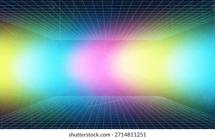 Ilustración de red de estructura de alambre Synthwave. Fondo digital Abstractas. 80s, 90s futurismo retro, rejilla cibernética de onda retro. Superficies de espacio profundo. Luces de neón brillando. Fondo estrellado. Renderización 3D de Vector