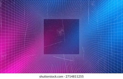 Ilustración de red de estructura de alambre Synthwave. Fondo digital Abstractas. 80s, 90s futurismo retro, rejilla cibernética de onda retro. Superficies de espacio profundo. Luces de neón brillando. Fondo estrellado. Renderización 3D de Vector