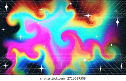 Ilustración de red de estructura de alambre Synthwave. Fondo digital Abstractas. 80s, 90s futurismo retro, rejilla cibernética de onda retro. Superficies de espacio profundo. Luces de neón brillando. Fondo estrellado. Renderización 3D de Vector