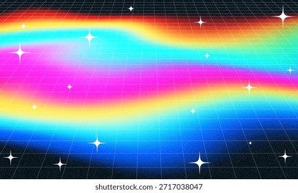 Ilustración de red de estructura de alambre Synthwave. Fondo digital Abstractas. 80s, 90s futurismo retro, rejilla cibernética de onda retro. Superficies de espacio profundo. Luces de neón brillando. Fondo estrellado. Renderización 3D de Vector