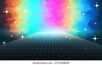 Ilustración de red de estructura de alambre Synthwave. Fondo digital Abstractas. 80s, 90s futurismo retro, rejilla cibernética de onda retro. Superficies de espacio profundo. Luces de neón brillando. Fondo estrellado. Renderización 3D de Vector