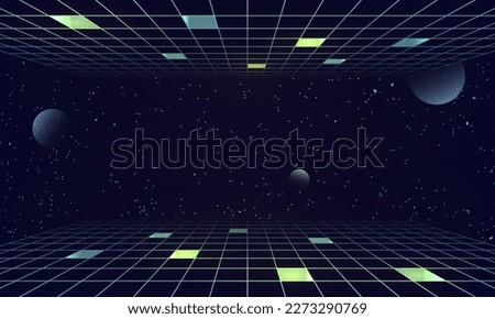 Synthwave wireframe net illustration. Abstract digital background. 80s, 90s Retro futurism, Retro wave cyber grid. Top and bottom surfaces. Neon lights glowing. Starry background. 3D Rendering