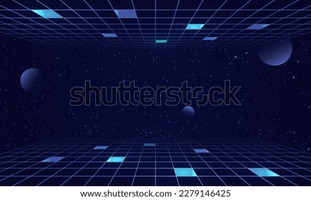 Synthwave wireframe net illustration. Abstract digital background. 80s, 90s Retro futurism, Retro wave cyber grid. Top and bottom surfaces. Neon lights glowing. Starry background. 3D Rendering