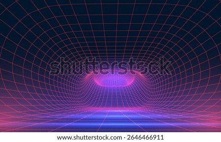 Synthwave wireframe net illustration. Abstract digital background. 80s, 90s Retro futurism, Retro wave cyber grid. Deep space surfaces. Neon lights glowing. Starry background. Vector 3D Rendering