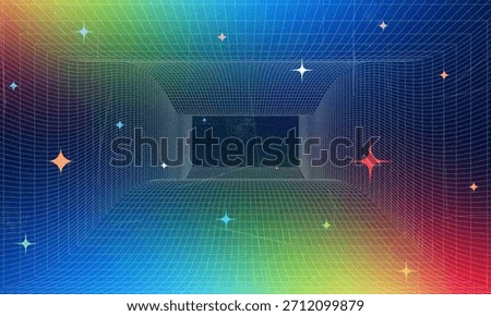 Synthwave wireframe net illustration. Abstract digital background. 80s, 90s Retro futurism, Retro wave cyber grid. Deep space surfaces. Neon lights glowing. Starry background. Vector 3D Rendering