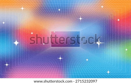 Synthwave wireframe net illustration. Abstract digital background. 80s, 90s Retro futurism, Retro wave cyber grid. Deep space surfaces. Neon lights glowing. Starry background. Vector 3D Rendering