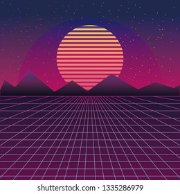 synthwave wireframe net and sun 80s Retro Futurism Background 3d illustration render