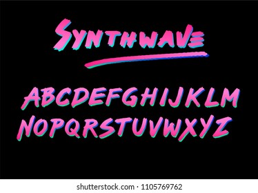 Synthwave/retrowave/cyberpunk style font like in old video games. Cosmic retrofuturistic neon 80s-90s aesthtetics.