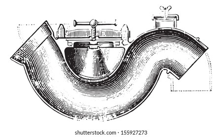 Syphon shutter S Downpipe of household and stormwater. Buffer double screw closure and tubing can be used for ventilation (Guinier system). Usual Medicine Dictionary by Dr Labarthe - 1885.