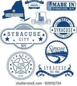 Syracuse city, New York. Set of generic stamps and signs including Syracuse city seal elements and location of the city on New York state map.