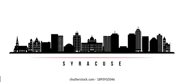 Banner horizontal en el horizonte de Syracuse. Silueta blanca y negra de Siracusa, Nueva York. Plantilla de vectores para su diseño. 