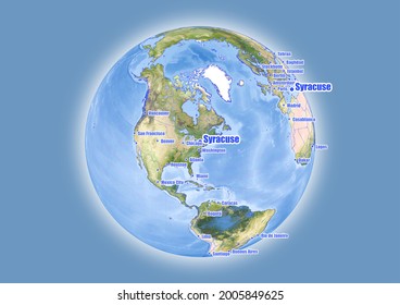 Syracuse-United States of America is shown on vector globe map. The map shows Syracuse-United States of America 's location in the world.