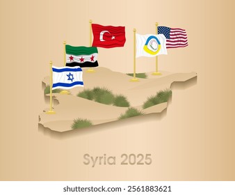 Syria in 2025 after the fall of the dictatorial regime.Flags of Turkey,Israel,the green-white-black with 3 red stars flag of Syria,the flag of Western Kurdistan, the flag of the USA.Desert landscape