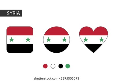 Syria 3 shapes (square, circle, heart) with city flag. Isolated on white background.