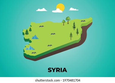Syria 3d isometric map with topographic details mountains, trees and soil vector illustration design