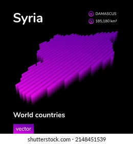 Syria 3D map. Stylized neon simple digital isometric striped vector Map of Syria is in violet colors on black background. Educational banner