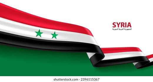 Syria 3D ribbon flag. Bent waving 3D flag in colors of the Syria national flag. National flag background design.