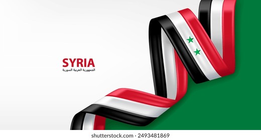 In: Syria 3D Ribbon Flag. Gebogene schwenkende 3D-Flagge in den Farben der syrischen Nationalflagge. Hintergrunddesign der Nationalflagge.