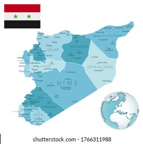 Syria administrative blue-green map with country flag and location on a globe. Vector illustration