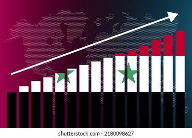 Syria bar chart graph, increasing values, country statistics concept, Syria country flag on bar graph, upward rising arrow on data, news banner idea