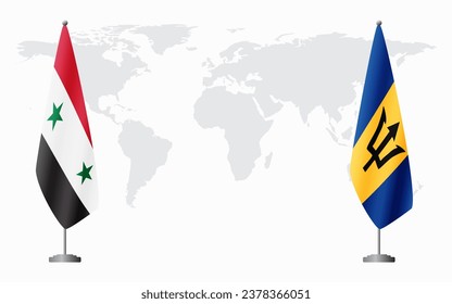 Syria and Barbados flags for official meeting against background of world map.