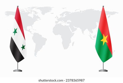 Syrien und Burkina Faso Flaggen für offizielle Treffen vor dem Hintergrund der Weltkarte.