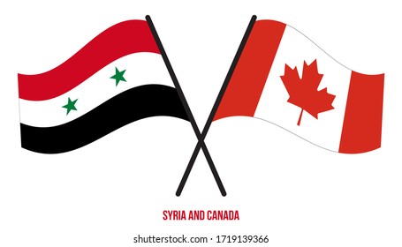 Banderas de Siria y Canadá cruzadas y ondeando estilo plano. Proporción oficial. Colores correctos.