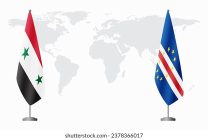 Syria and Cape Verde flags for official meeting against background of world map.