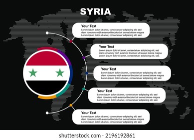 Infografía del círculo sirio con espacios de texto informativos, fondo negro con mapa del mundo, bandera del país circundante de Siria, idea gráfica de presentación, información y plantilla de datos para los países