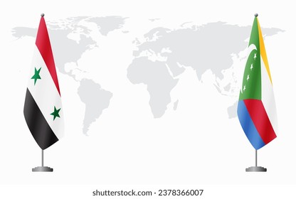 Syria and Comoros flags for official meeting against background of world map.