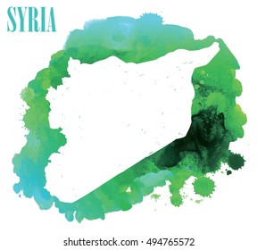Syria. The contour of the country. Vector image of the hand on the background of watercolor stains . Conceptual drawing in grunge style .