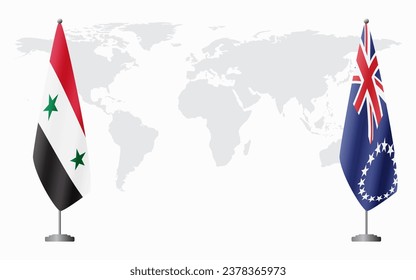 Syria and Cook Islands flags for official meeting against background of world map.