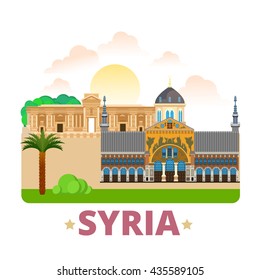 Syria country fridge magnet design template. Flat cartoon style historic sight showplace web site vector illustration. World vacation travel sightseeing Asia Asian collection. Palmyra Umayyad Mosque.