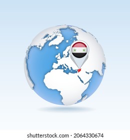 Siria - mapa del país y bandera localizada en el mundo, mapa del mundo. Ilustración del vector 3D
