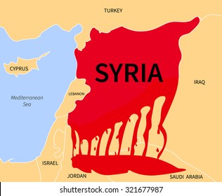 Syria Country Map Silhouette In Blood Red Color With The Words. War Victim Immigration. Civil War In Syria. Syrian Refugees In The Form Of Blood. Cirian Crisis Emigrants. Syria Refugee. 