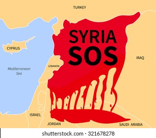 Syria Country Map Silhouette In Blood Red Color With The Words Syria SOS. War Victim Immigration. Civil War In Syria. Syrian Refugees In The Form Of Blood. Syrian Crisis Emigrants. Syria Refugee. 