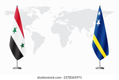 Syria and Curacao flags for official meeting against background of world map.