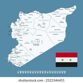 Syria - detailed blue country map with cities and regions. Infographic icons. Vector illustration
