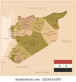 Syria - detailed map of the country in brown colors, divided into regions. Vector illustration