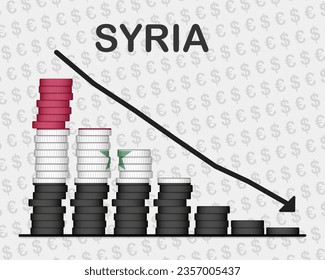 Syria economic collapse, decreasing values with coins, crisis and downgrade concept, Syria flag with changes, falling arrow, news banner idea, fail and decrease, financial decline