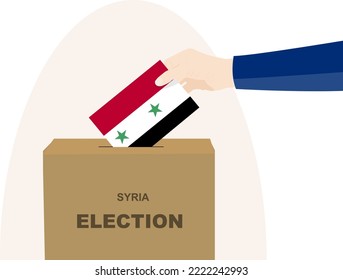 Syria election and vote concept, political selection, man hand and ballot box, democracy and human rights idea, election day, vector asset with Syria flag