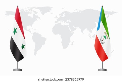 Syria and Equatorial Guinea flags for official meeting against background of world map.