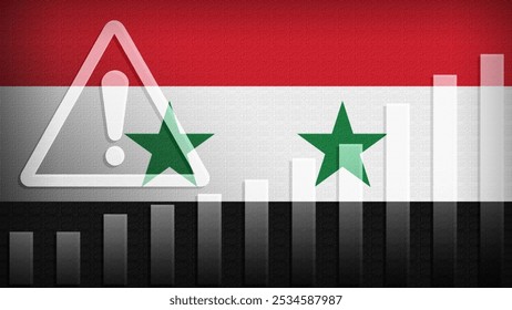 Syria flag with burlap texture, warning sign, and rising bar chart symbolizing increasing risk or growth challenges in the country. Ideal for data presentations.