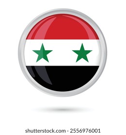 Syria flag button glossy round framed vector illustration isolated on white background for National Day, Evacuation Day April 17th celebration. Independence Day, Armed force Day  August 1st, banners 