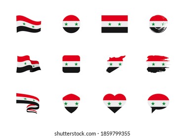 Bandera de Siria - colección plana. Banderas de diferentes formas doce iconos planos. Conjunto de ilustraciones de vector