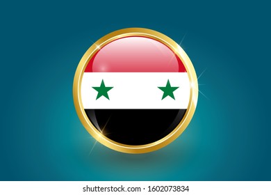 Syria flag in the form of a circle, can be used for independence day or other events. Syria icon gold glossy badge button with Syria flag and shadow on light background. vector illustration. EPS 10.
