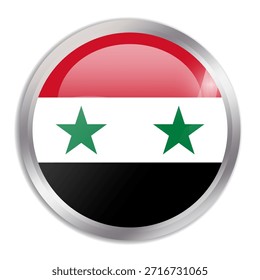 Syria flag - glossy circle button in metal frame displays a colorful flag of a country cultural identity and heritage. The essence of national pride and unity.