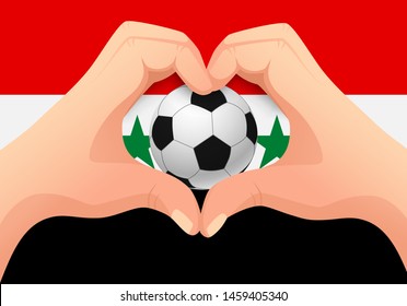 Syria flag and hand heart shape. National football background. Soccer ball with flag of Syria vector illustration