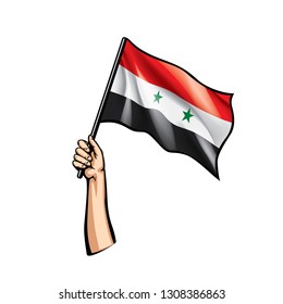 Syria flag and hand on white background. Vector illustration